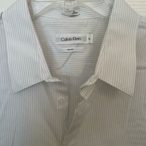 Calvin Klein White Dress Shirt with Subtle Gray Pinstripes